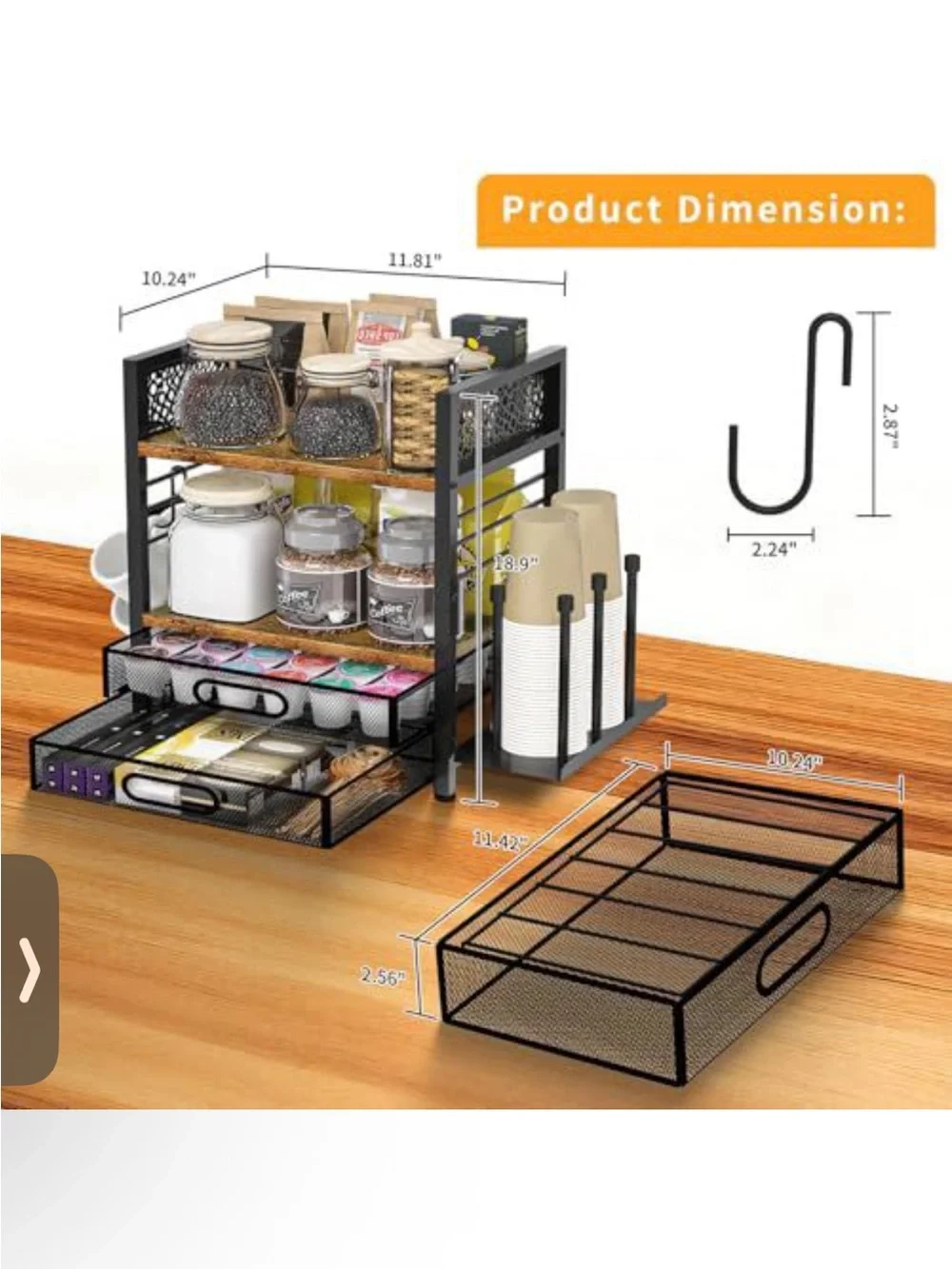 Black Bamboo & Metal 2-Tier Countertop Organizer with Drawer and Cup Holder